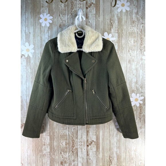 American Eagle‎ Womens Moto Jacket Sz Small Dark Moss Green Wool Blend Faux Fur - Picture 1 of 12